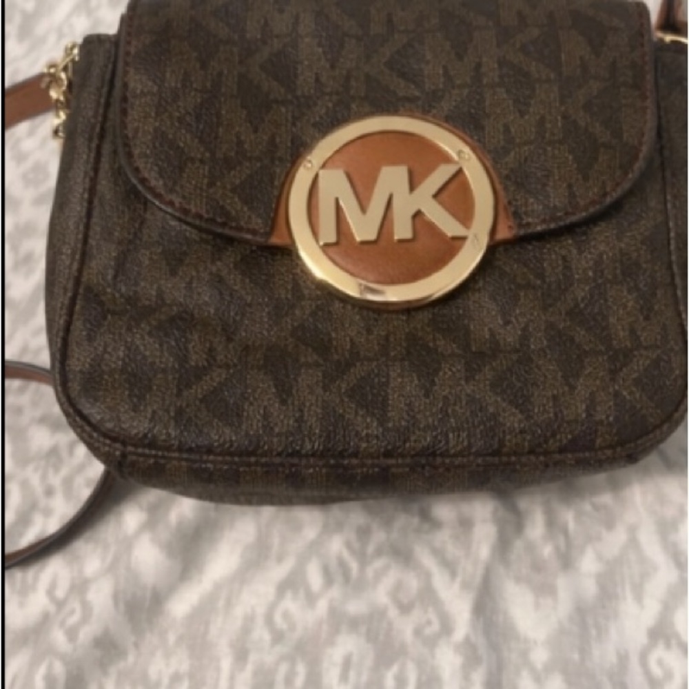 Michael Kors Monogram Brown Crossbody Bag with Gold Accent